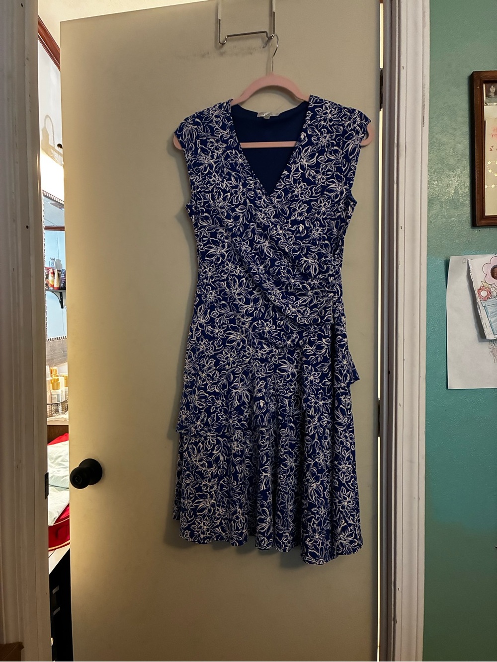 Signature Blue by Robbie Bee Navy Blue and White Floral Knee Length Dress -Women
